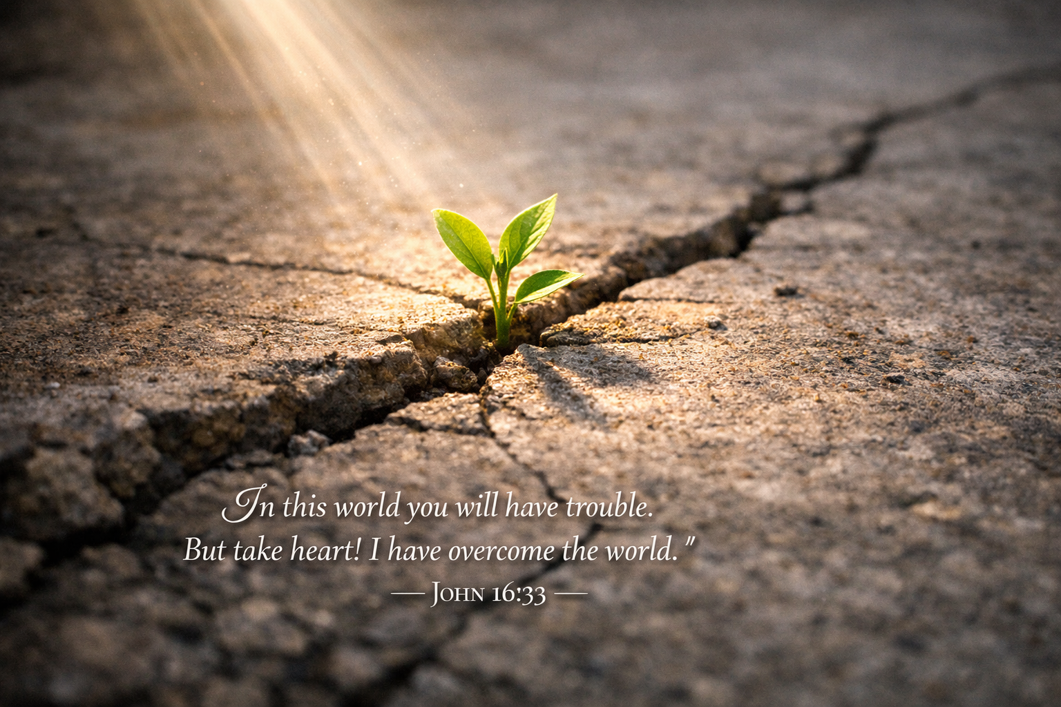 Bible verse wallpaper John 16:33 with single green shoot growing through cracked concrete in sunlight